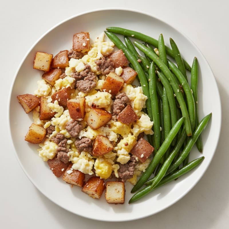 Crispy Potato and Egg White Scramble with Sautéed Green Beans