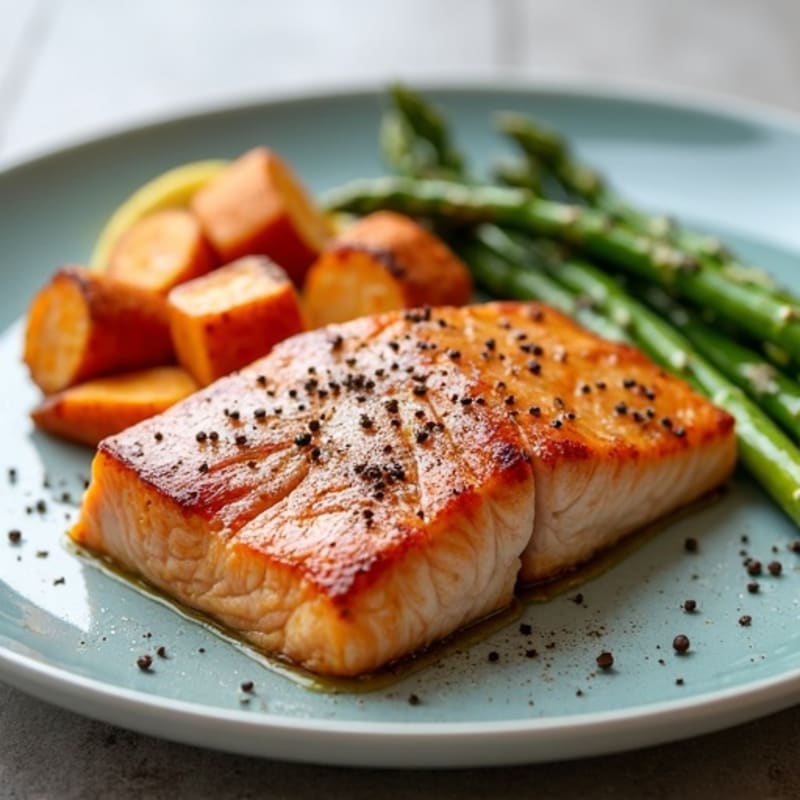 Seared Salmon Fillet with Roasted Sweet Potatoes and Asparagus