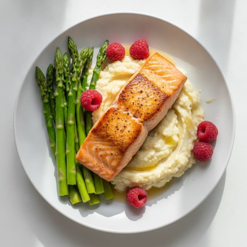 Seared Salmon with Steamed Asparagus and Garlic Cauliflower Mash