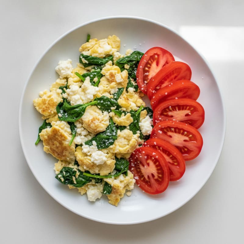 Egg White Spinach Scramble with Cottage Cheese and Sliced Tomatoes