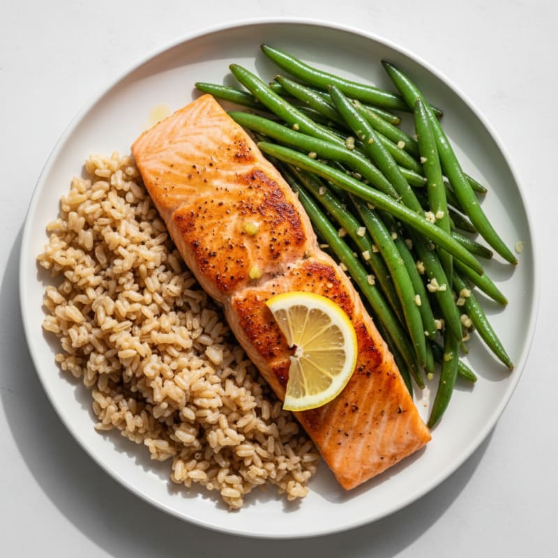 Seared Salmon Fillet with Garlic Green Beans and Brown Rice