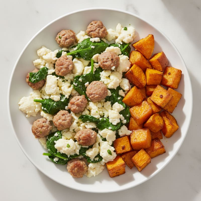 Egg White and Turkey Sausage Scramble with Spinach and Roasted Sweet Potato