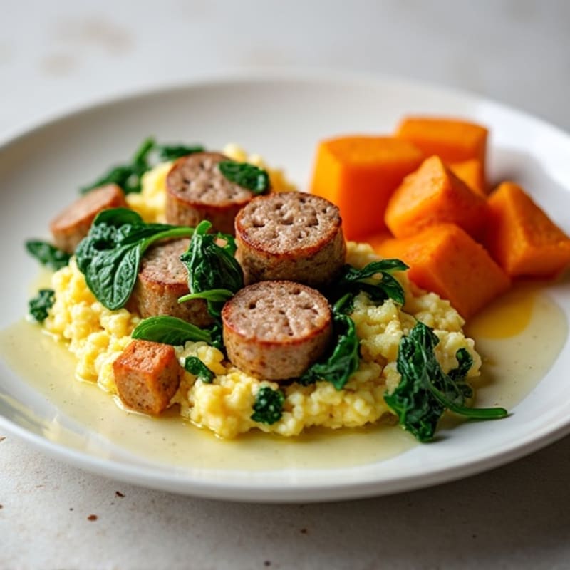 Egg White and Turkey Sausage Scramble with Spinach and Roasted Sweet Potato