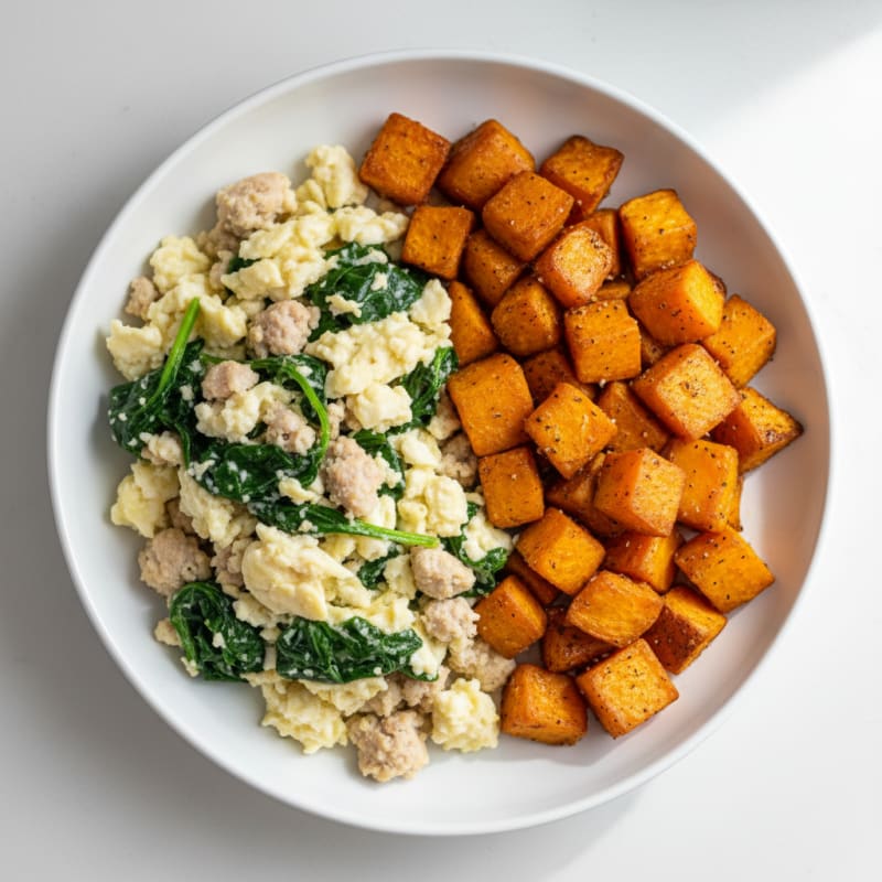 Egg White and Turkey Sausage Scramble with Spinach and Roasted Sweet Potato