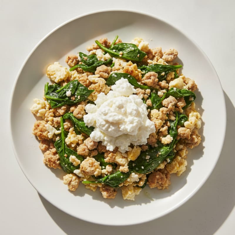 Egg White and Turkey Spinach Scramble with Cottage Cheese