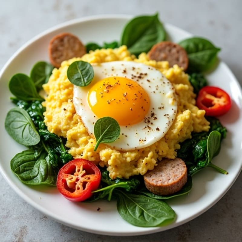Egg White Scramble with Turkey Sausage and Sautéed Spinach