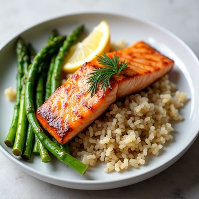 Seared Salmon with Steamed Asparagus and Lemon Herb Rice
