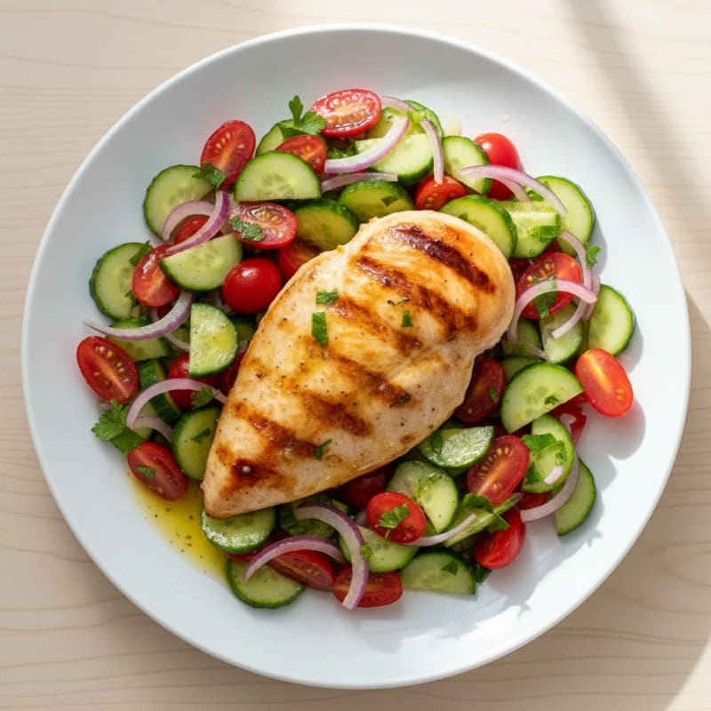 Grilled Chicken Breast with Cucumber Tomato Salad