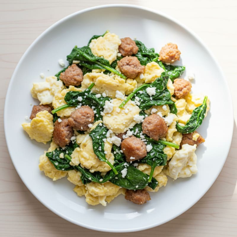 Egg White and Turkey Sausage Scramble with Sautéed Spinach
