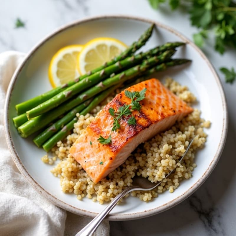 Seared Salmon with Creamy Quinoa and Roasted Asparagus