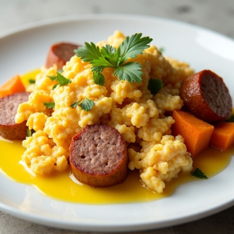 Egg White Scramble with Turkey Sausage and Roasted Sweet Potatoes