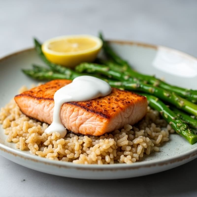 Seared Salmon Fillet with Steamed Asparagus and Brown Rice