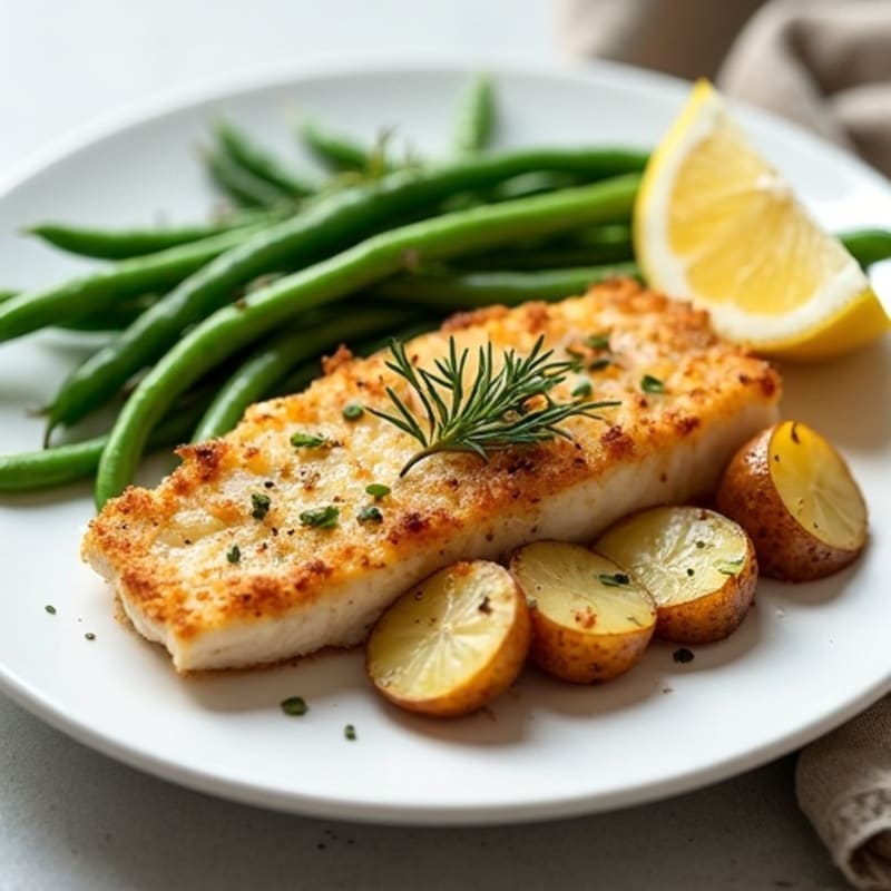 Crispy Baked Fish with Herb-Roasted Potatoes and Green Beans