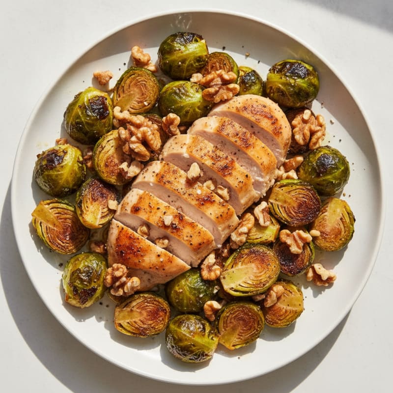 Balsamic-Glazed Brussels Sprouts with Toasted Walnuts and Roasted Chicken