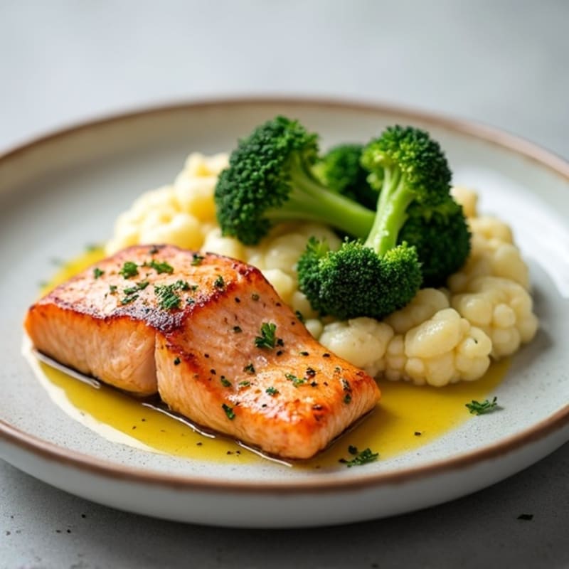 Seared Salmon with Steamed Broccoli and Garlic Cauliflower Mash