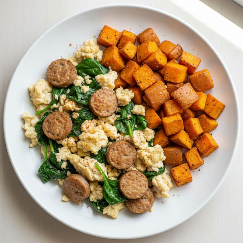 Egg White and Turkey Sausage Scramble with Spinach and Roasted Sweet Potatoes