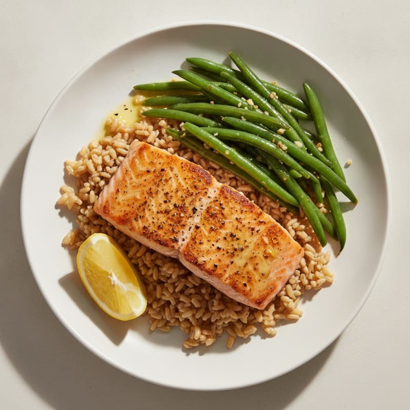 Seared Salmon with Garlic Green Beans and Brown Rice