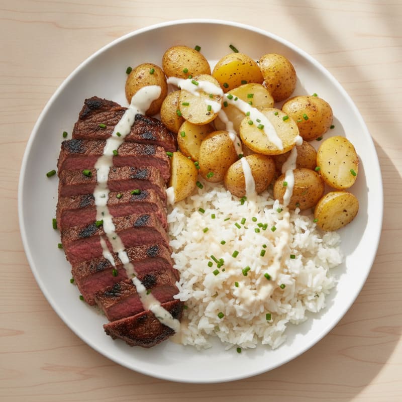 Grilled Beef and Potato Plate with Steamed Jasmine Rice