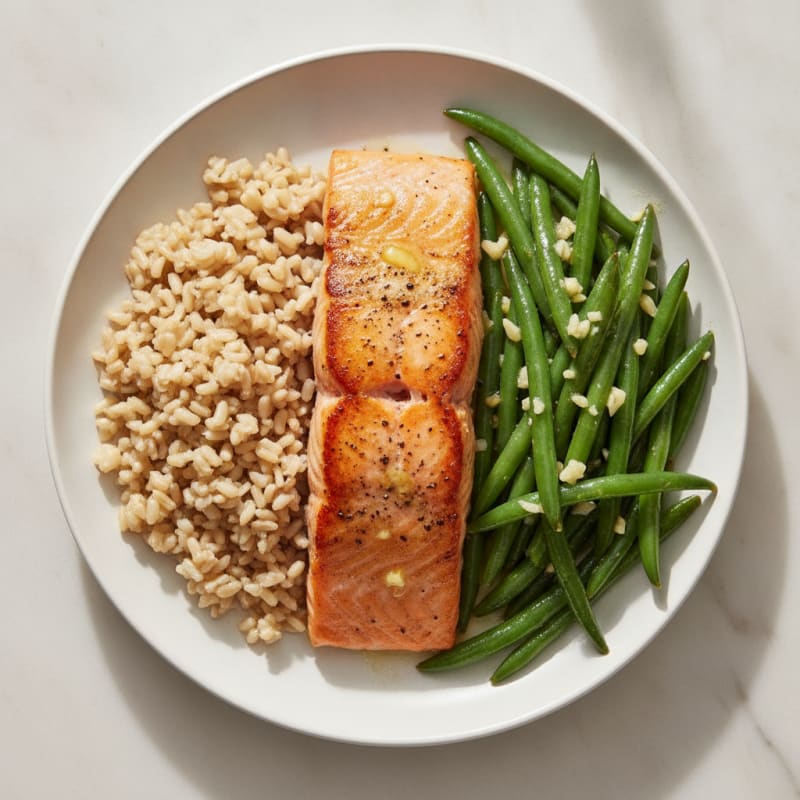Seared Salmon with Lemon-Garlic Green Beans and Brown Rice