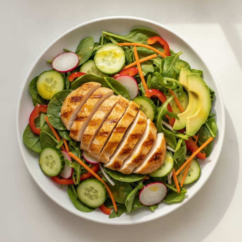 Grilled Chicken Salad with Crunchy Vegetables and Lemon Vinaigrette