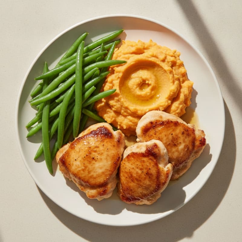 Seared Chicken Thighs with Steamed Green Beans and Sweet Potato Mash