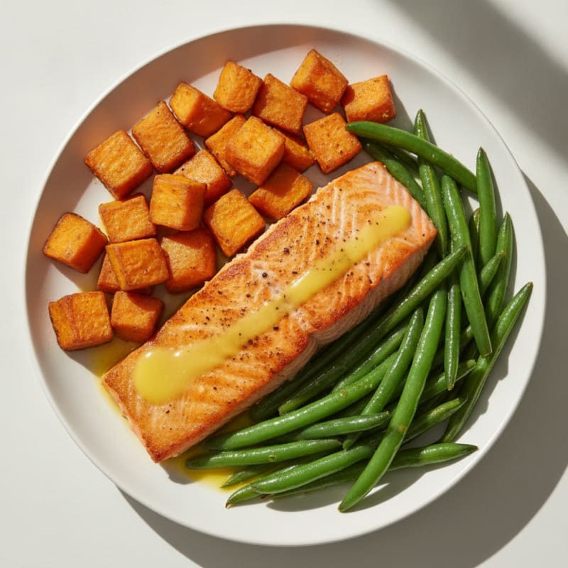 Seared Salmon Fillet with Roasted Sweet Potatoes and Garlic Green Beans