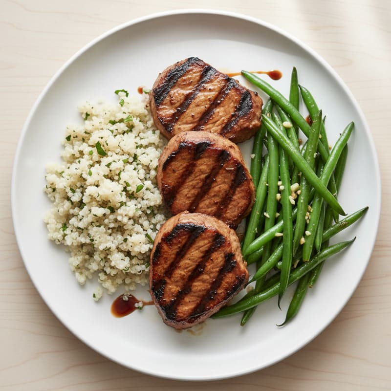 Grilled Seitan Steaks with Garlic Green Beans and Quinoa