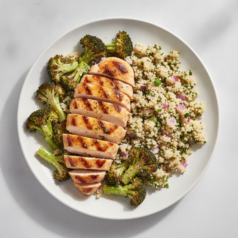 Grilled Chicken Breast Salad with Quinoa and Roasted Broccoli