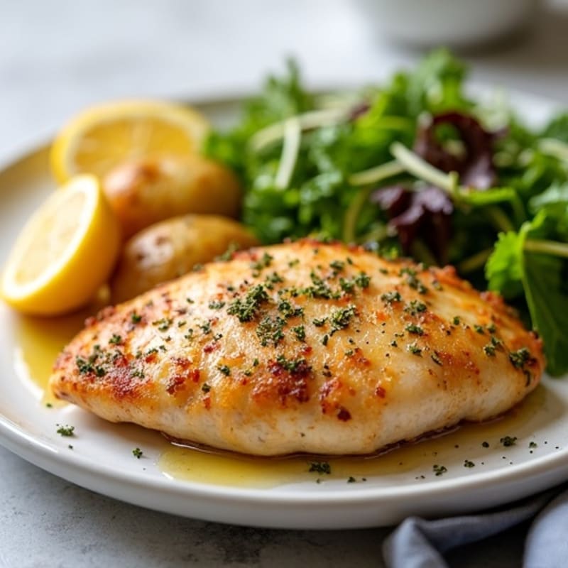 Crispy Lemon Herb Chicken with Roasted Potatoes and Fresh Green Salad