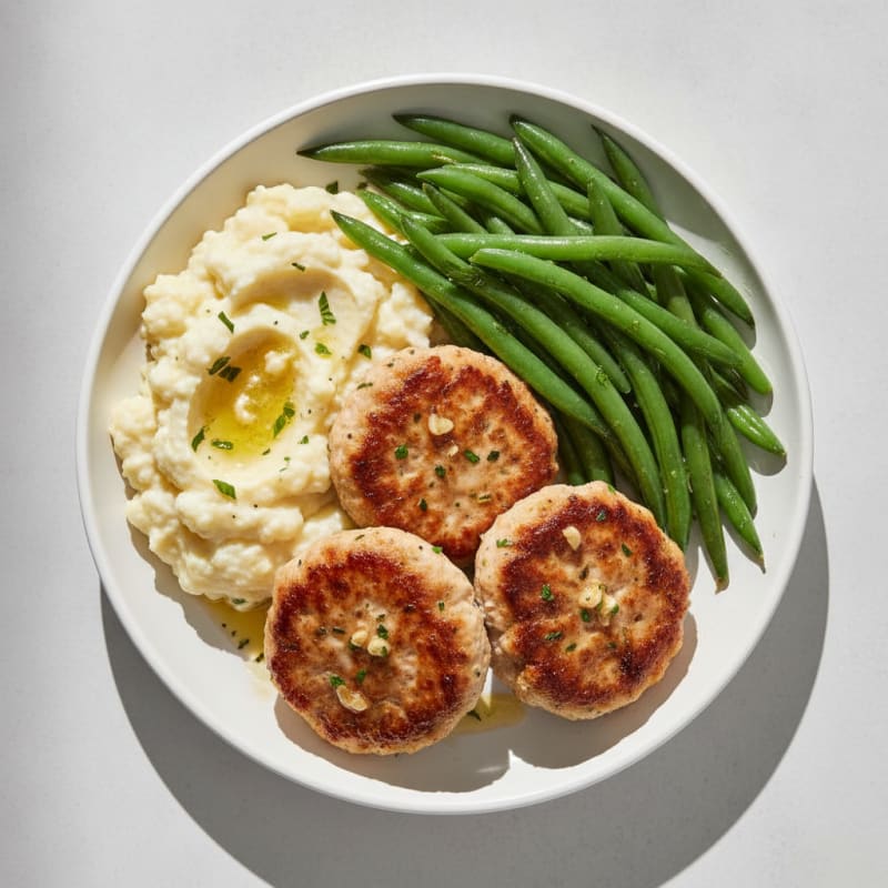 Seared Turkey Patties with Steamed Green Beans and Mashed Cauliflower