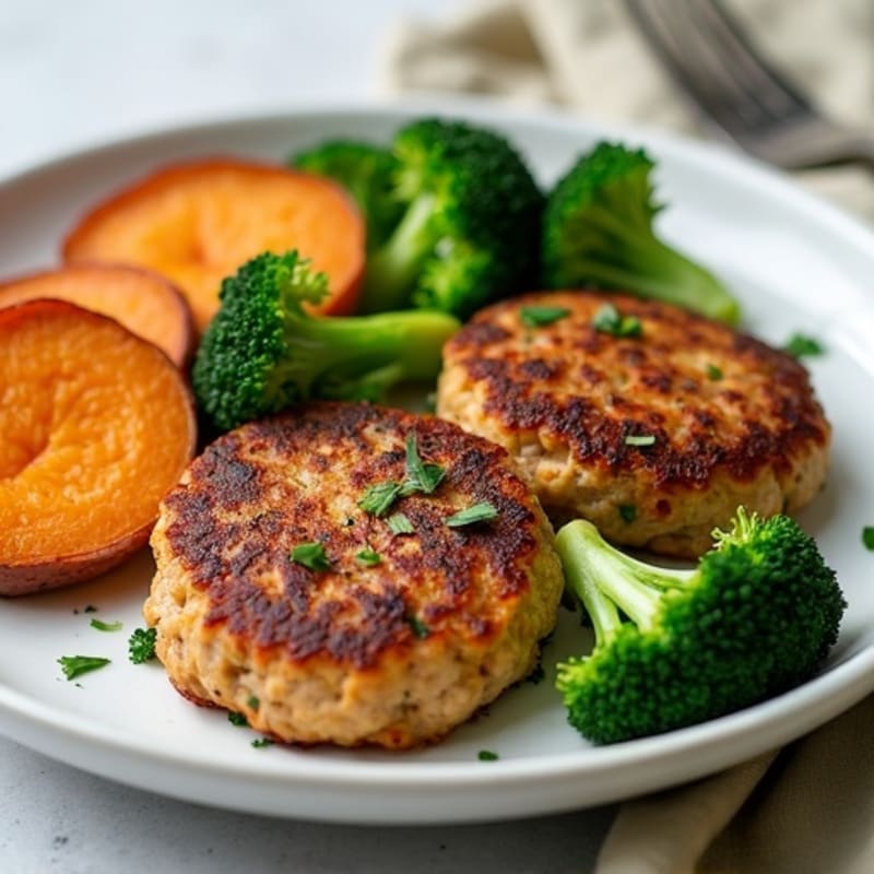 Seared Turkey Patties with Steamed Broccoli and Roasted Sweet Potato