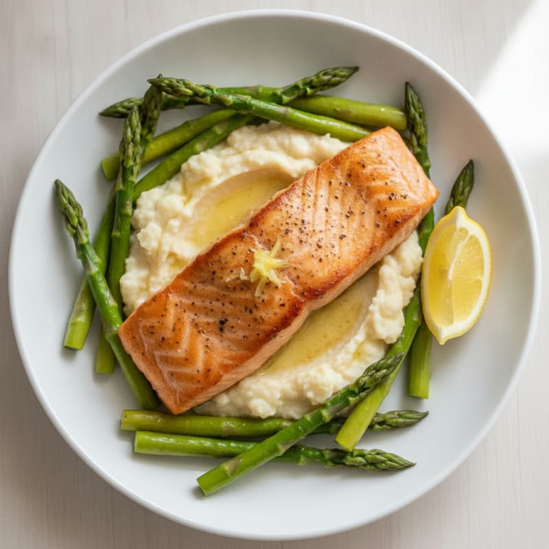 Seared Salmon Fillet with Steamed Asparagus and Cauliflower Mash