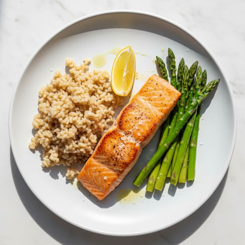 Seared Salmon with Steamed Asparagus and Brown Rice