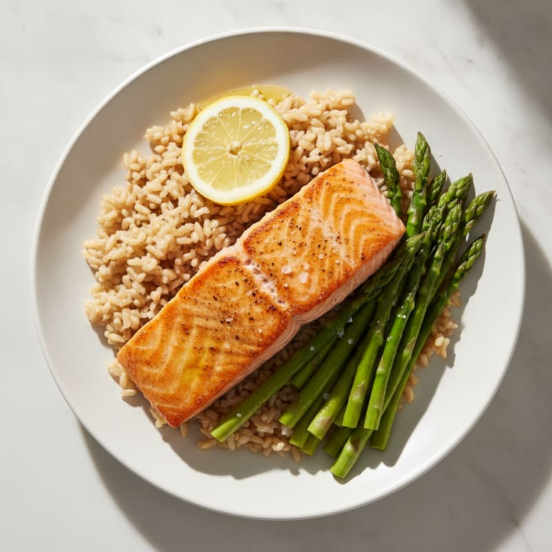 Seared Salmon Fillet with Steamed Asparagus and Brown Rice