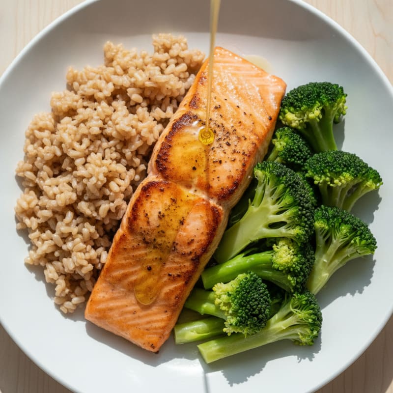 Seared Salmon with Steamed Broccoli and Brown Rice