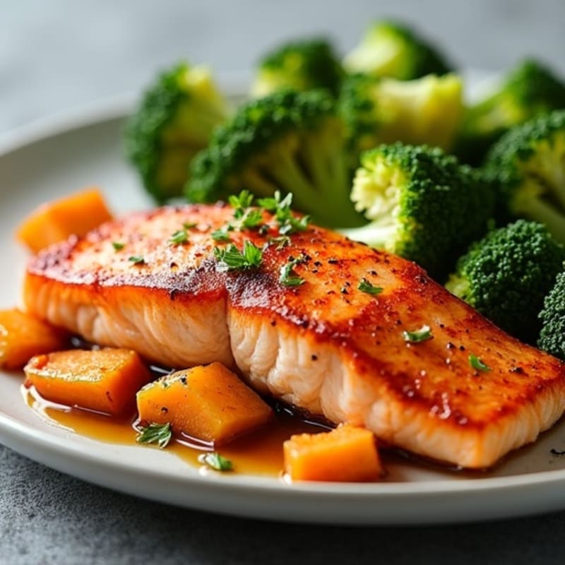 Seared Salmon Filet with Roasted Sweet Potatoes and Steamed Broccoli