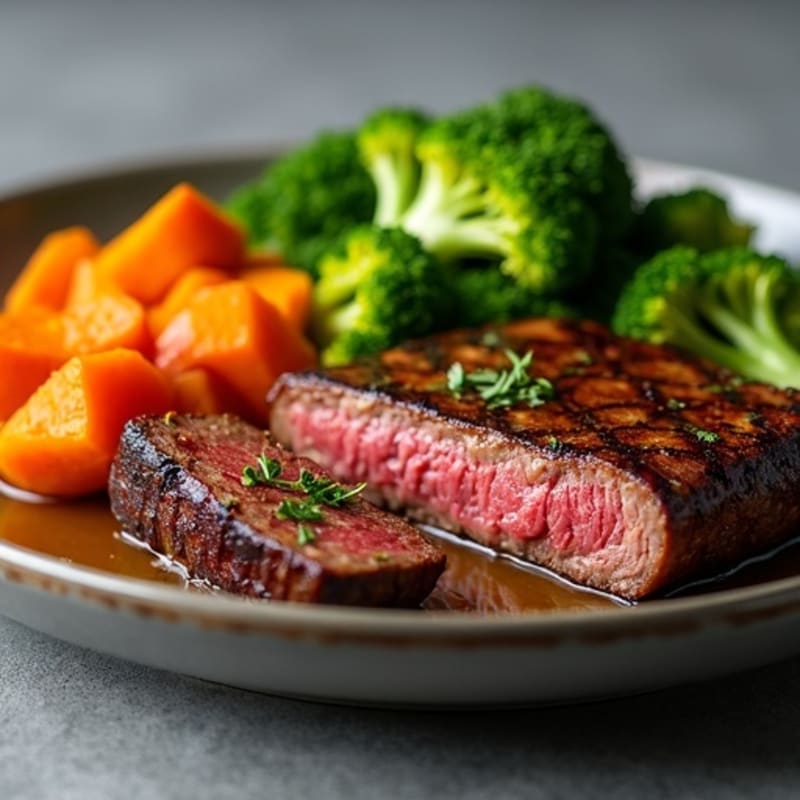 Seared Lean Beef with Roasted Broccoli and Sweet Potato