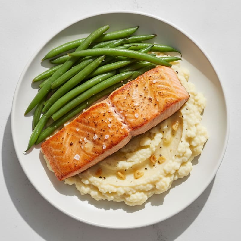 Seared Salmon with Steamed Green Beans and Cauliflower Mash