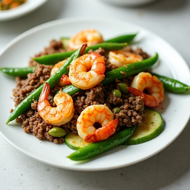 Lean Ground Beef & Shrimp Stir-Fry with Zucchini and Snap Peas