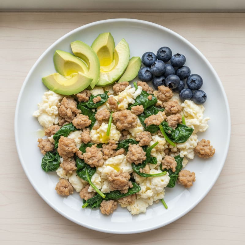Egg White Scramble with Turkey Sausage and Sautéed Spinach