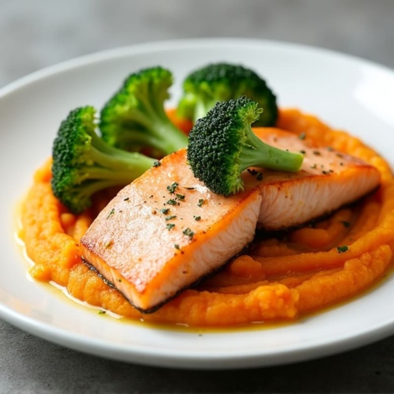 Baked Salmon with Steamed Broccoli and Sweet Potato Mash