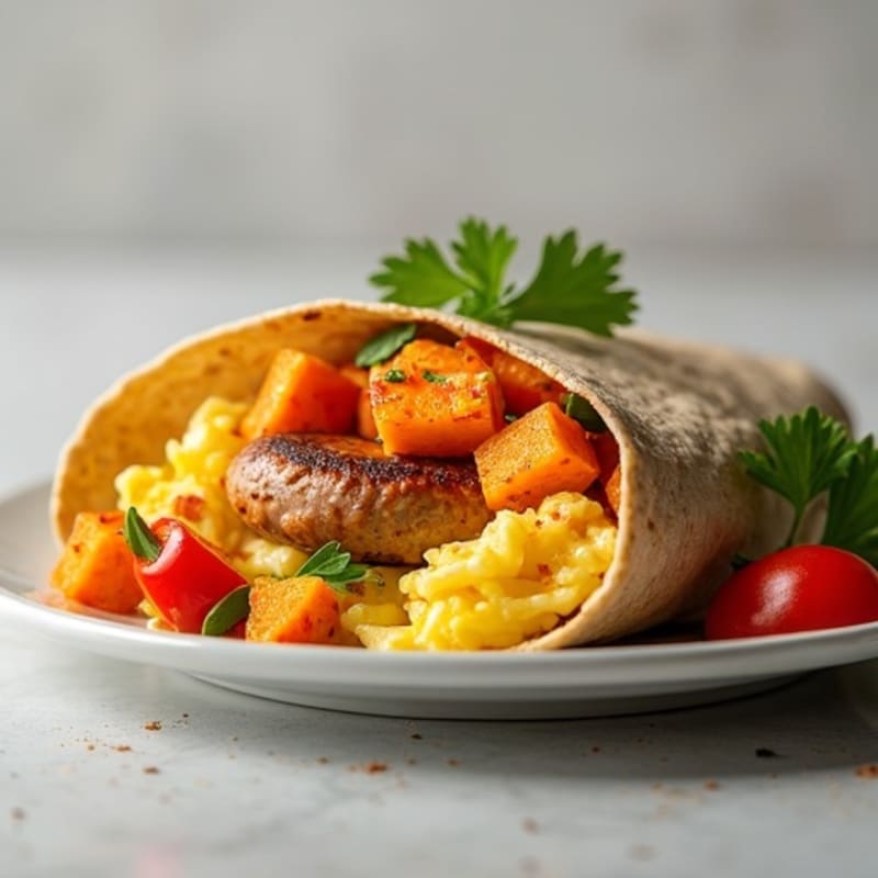 Hearty Scrambled Egg and Lean Turkey Sausage Burrito with Roasted Sweet Potatoes