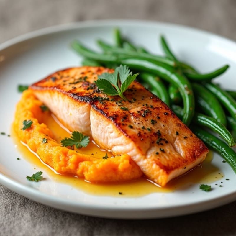 Seared Salmon with Garlic Green Beans and Sweet Potato Mash