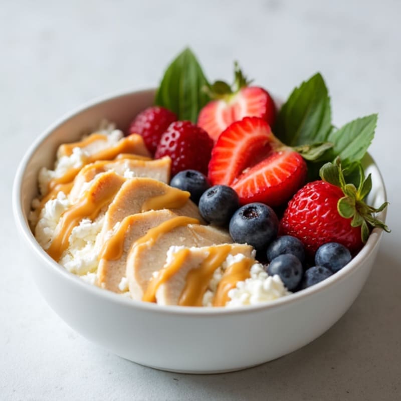 Cottage Cheese Bowl with Sliced Chicken Breast and Fresh Berries