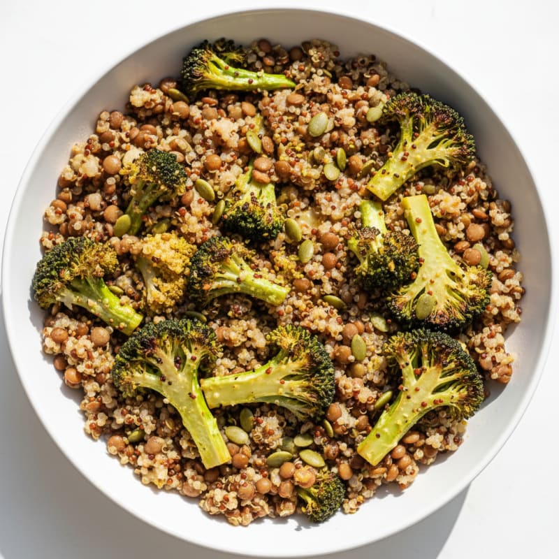 Lentil and Quinoa Power Bowl with Roasted Broccoli and Pumpkin Seeds