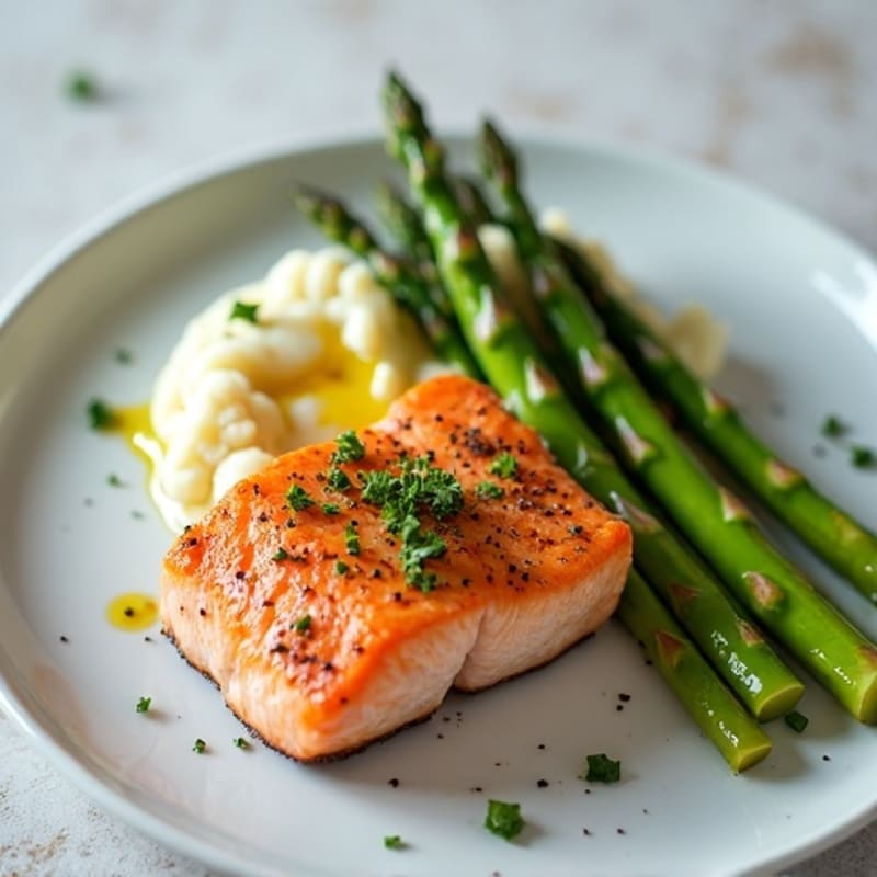 Seared Salmon with Steamed Asparagus and Cauliflower Mash