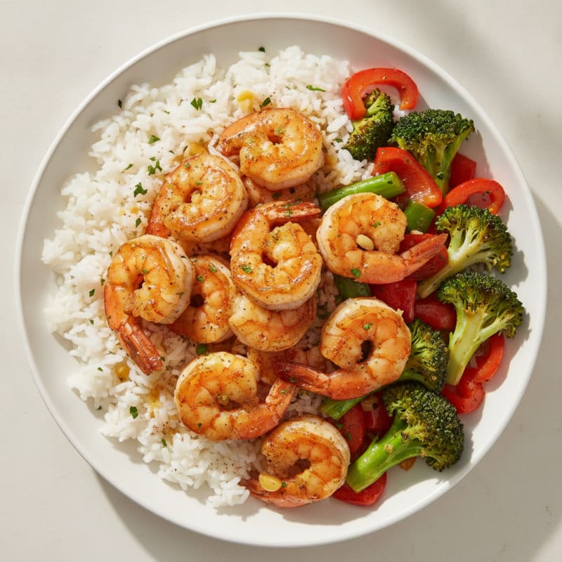 Garlic Shrimp with Roasted Vegetables and Rice