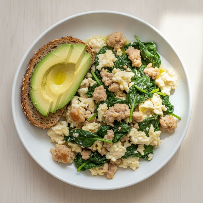 Egg White and Turkey Sausage Scramble with Sautéed Spinach