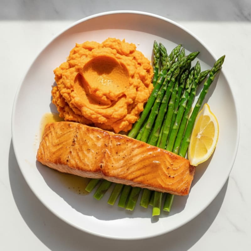 Seared Salmon with Steamed Asparagus and Sweet Potato Mash