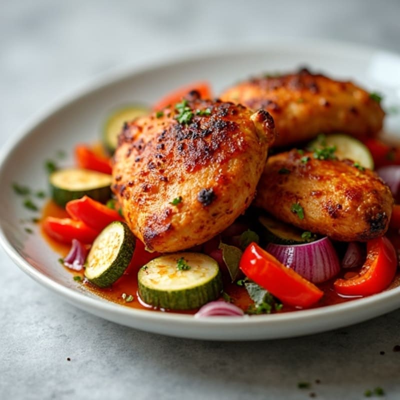 Crispy Roasted Spicy BBQ Chicken Thighs with Roasted Vegetables